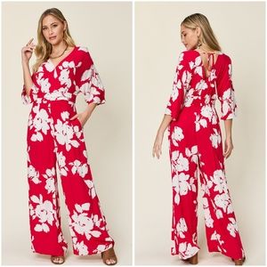 Fashionable Loose Casual Red Daisy Printed Jumpsuit